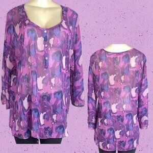 Isaac Mizarahi L Purple-Pink Abstract Floral Sheer Button Neck 3/4 Sleeve Blouse